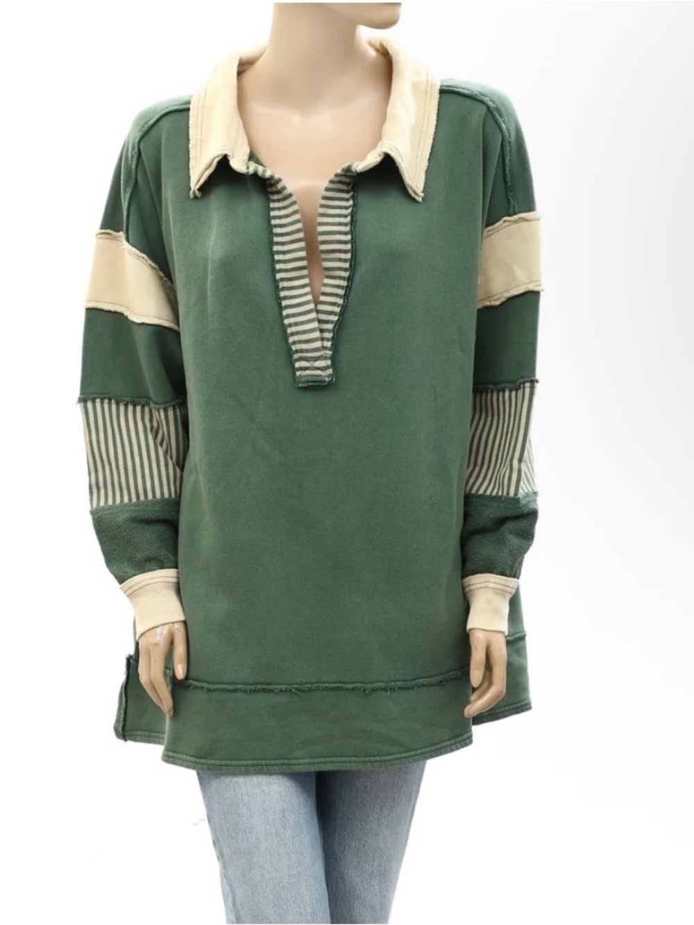 Free People Olive Green & Cream Striped Clean Prep Polo
